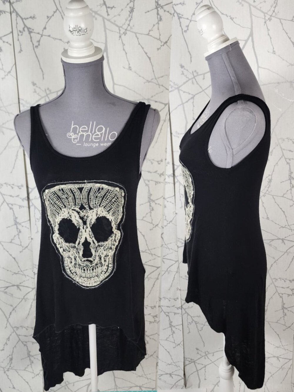 Sirens Black Stretch Jersey Skull Embroidered High Low Tank